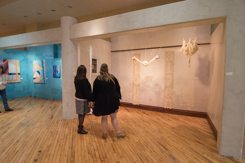 Embark Exhibition, April 2017. Artwork: Kyle Wengler (left background), Anita Hawkins (right)