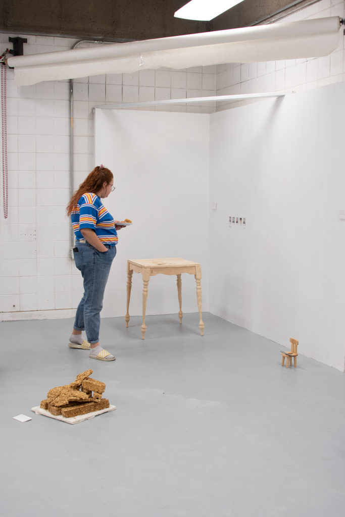 This Is Not A Furniture Show Exhibition; artwork by Eden Merkley, Valeria Johansen, and Matt Peterson (l-r)