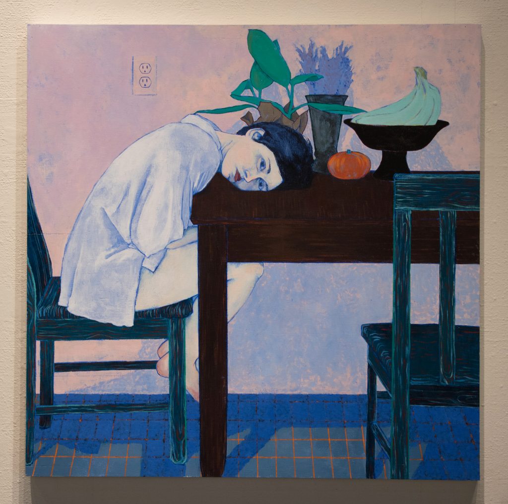 Howard Clark Scholarship Exhibition, 2018, Gittins Gallery, - "Julie Anne at Table", Abigail Mitchell, 2018, acrylic on wood