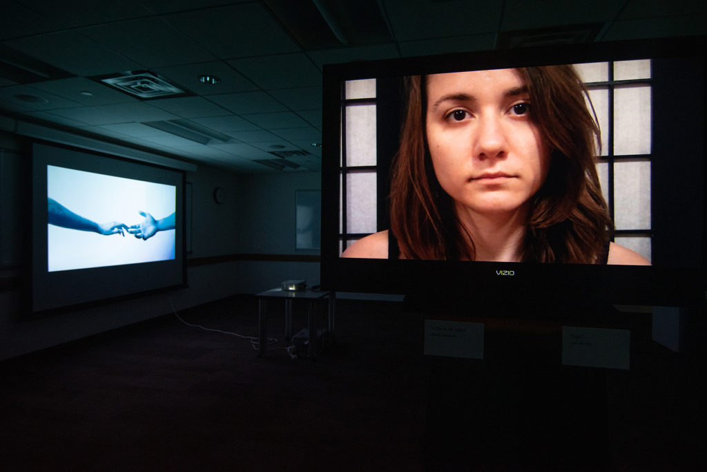 Video Evidence Exhibition, artwork by Araceli Haslam (left) and Eden Merkeley (right)