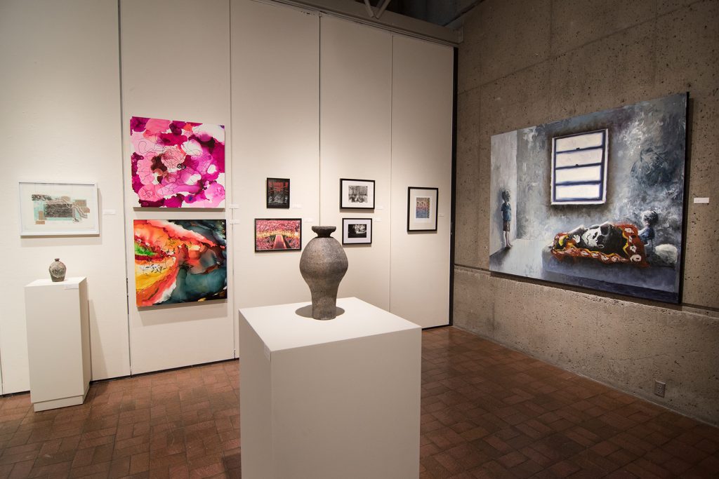 Annual Student Exhibition, 2018: installation view with artwork by Haley Canonico, Nikita Nenashev, Leah Caldwell, Hazel Coppola, Jenny Whitecar, Kristen Bennett, Hari Jung, James Hadley, and Lucy Le Bohec