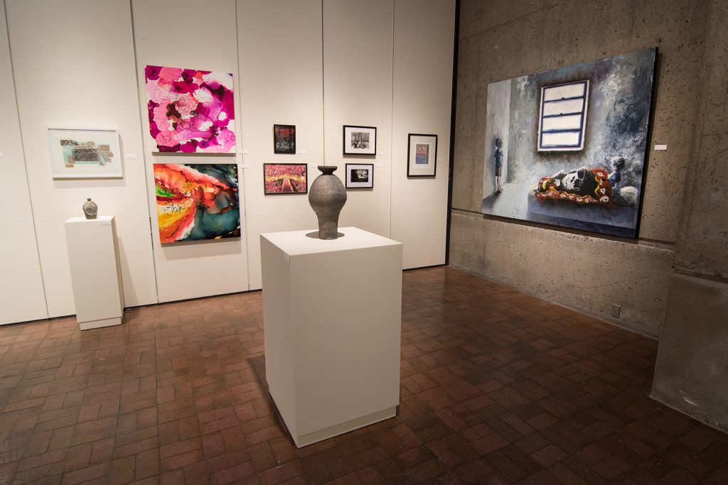 Annual Student Exhibition, 2018: installation view with artwork by Haley Canonico, Nikita Nenashev, Leah Caldwell, Hazel Coppola, Jenny Whitecar, Kristen Bennett, Hari Jung, James Hadley, and Lucy Le Bohec