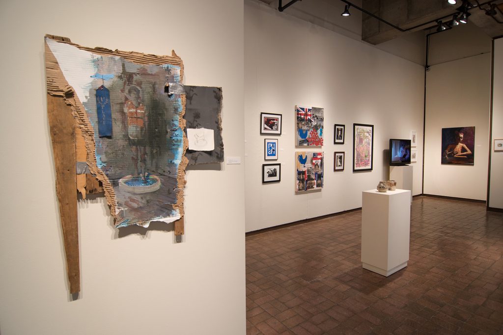 Annual Student Exhibition, 2018: installation view with artwork by Mitchell Lee (foreground left), Chyna Farrior, Hari Jung, Natalie Hopes, Frances Lewicki, Alissa Allred, Thomas Shrieve, James Hadley, Nikita Nenashev, Anita Hawkins, Madison Lopez, Sogol Kiamanesh, Lucy LeBohec, and Haylee Canonico