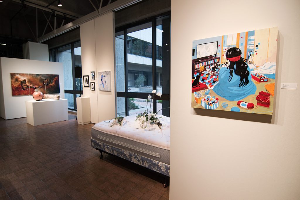 Annual Student Exhibition, 2018: installation view with artwork by Enrique Ortega, Nemo Miller, Emily McMurray, Alissa Allread, Sogol Kiamanesh, Abigail Mitchell, Christina Anderson, and Erin Strickland (foreground right)