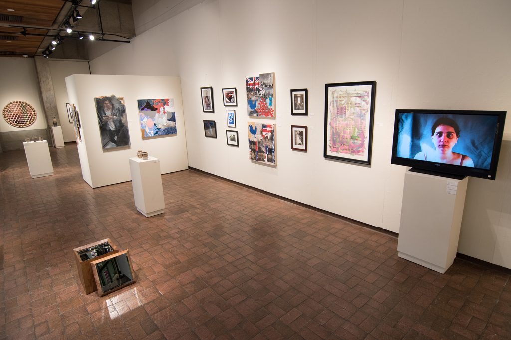 Annual Student Exhibition, 2018: installation view with artwork by Macy Kennett, Christian Hartshorn, Mitchell Lee, Julia Hummer, Abigail Mitchell, Ethan Edwards, Hazel Coppola, Chyna Farrior, Hari Jung, Natalie Hopes, Frances Lewicki, Alissa Allred, Thomas Shrieve, James Hadley, and Anita Hawkins