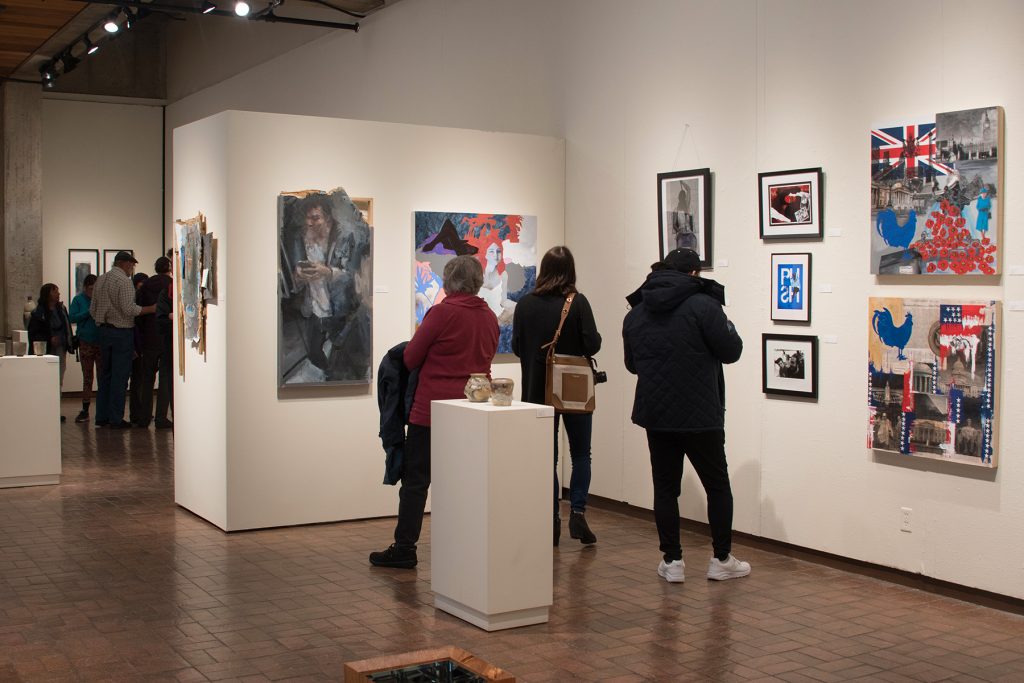 Annual Student Exhibition, 2018: Opening Reception; artwork by Nikita Nenashev (foreground), Mitchell Lee, Abigail Mitchell, Ethan Edwards, Hazel Coppola, Chyna Farriot, Hari Jung, Natalie Hopes, and Frances Lewicki