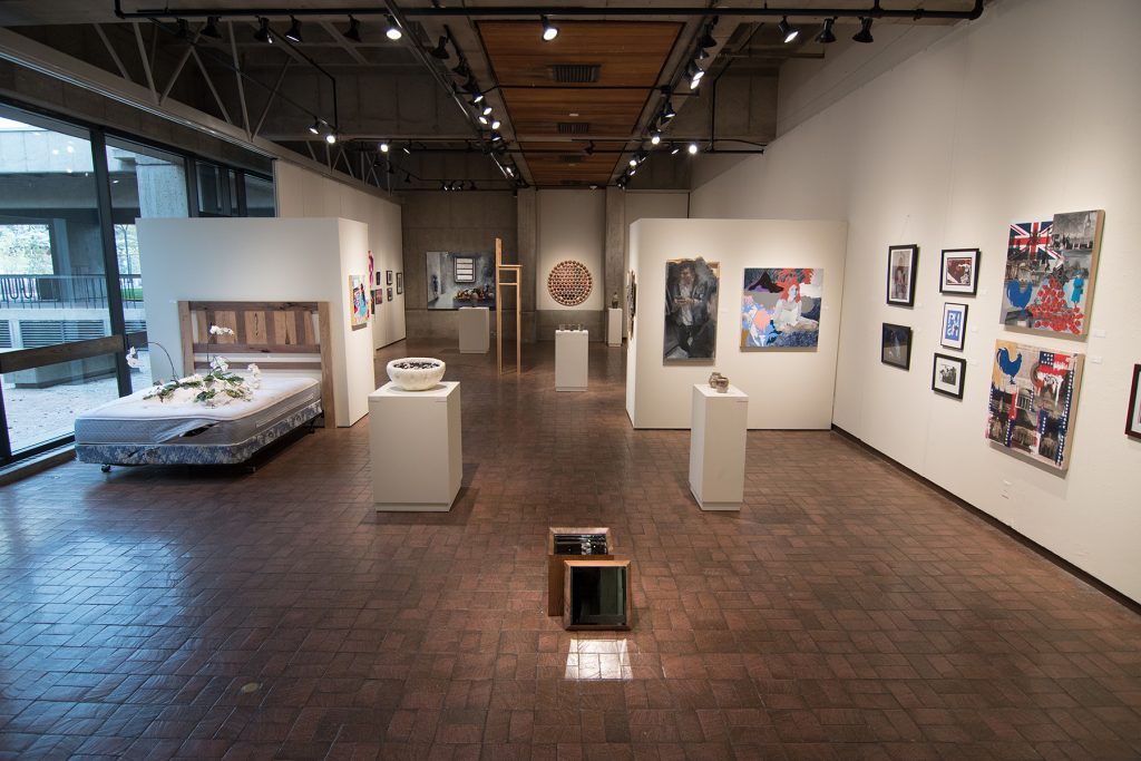 Annual Student Exhibition, 2018: installation view with artwork by Christina Anderson, Madison Donnelly, Christian Hartshorn, Mitchell Lee, Julia Hummer, Abigail Mitchell, Ethan Edwards, Hazel Coppola, Chyna Farrior, Hari Jung, Natalie Hopes, and Frances Lewicki (foreground)