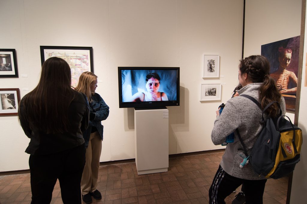 Annual Student Exhibition, 2018: Opening Reception; artwork by Anita Hawkins (video), Madison Lopez, Sogol Kiamanesh, and Lucy Le Bohec