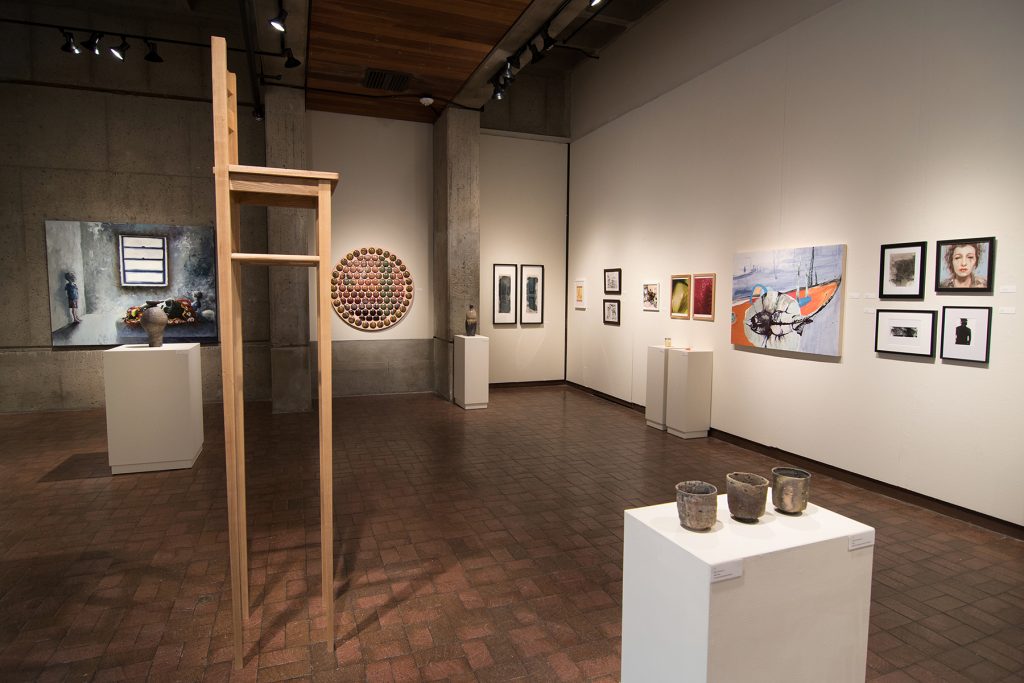 Annual Student Exhibition, 2018: installation view with artwork by Lucy Le Bohec, Nikita Nenashev, Nate Francis, Macy Kennett, Julia Hummer, Mikey Baratta, Dilan Li, Leah Caldwell, Sayde Price, Natalie Hopes, Rachel Roser, Hari Jung, and Nikita Nenashev