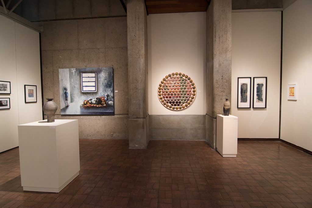 Annual Student Exhibition, 2018: installation view with artwork by Kristen Bennett, Hari Jung, James Hadley, Nikita Nenashev, Lucy Le Bohec, Macy Kennett, Julia Hummer, and Mikey Baratta