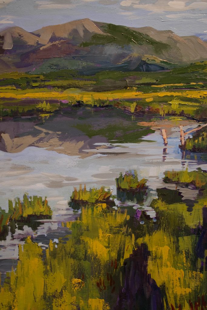 Open Sky: Taft-Nicholson Residency Exhibition, Gittins Gallery, September 2017; artwork: "Sunrise Hike to Sparrows Pond" (detail), Alexis Rogers, oil on canvas