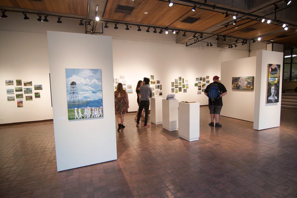 Open Sky: Taft-Nicholson Residency Exhibition, Gittins Gallery, September 2017; artwork: Morganne Cope (left foreground), Briana McLaren (right)