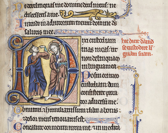 Lewis Psalter: Initial D, Psalm 38. 1225-1240 CE, illuminated manuscript, 230 mm x 165 mm; Free Library of Philadelphia, mca1850661, f. 66r, Philadelphia, PA.